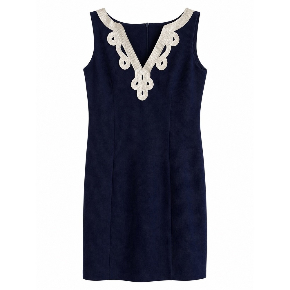 Vince Camuto Navy Sheath Dress – Size 6 – Gold Embellished Neckline – Stretch